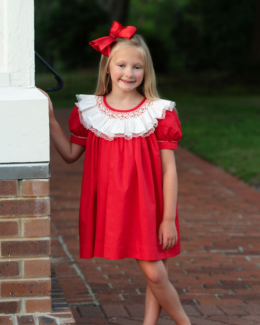 Red Smocked Lace Collar Dress