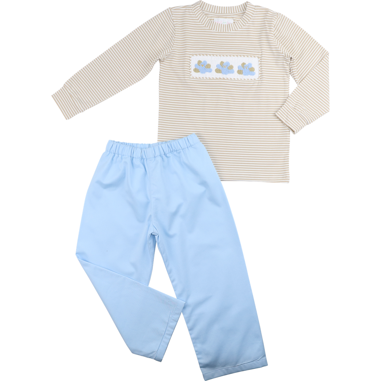 Khaki And Blue Stripe Smocked Turkey Pant Set