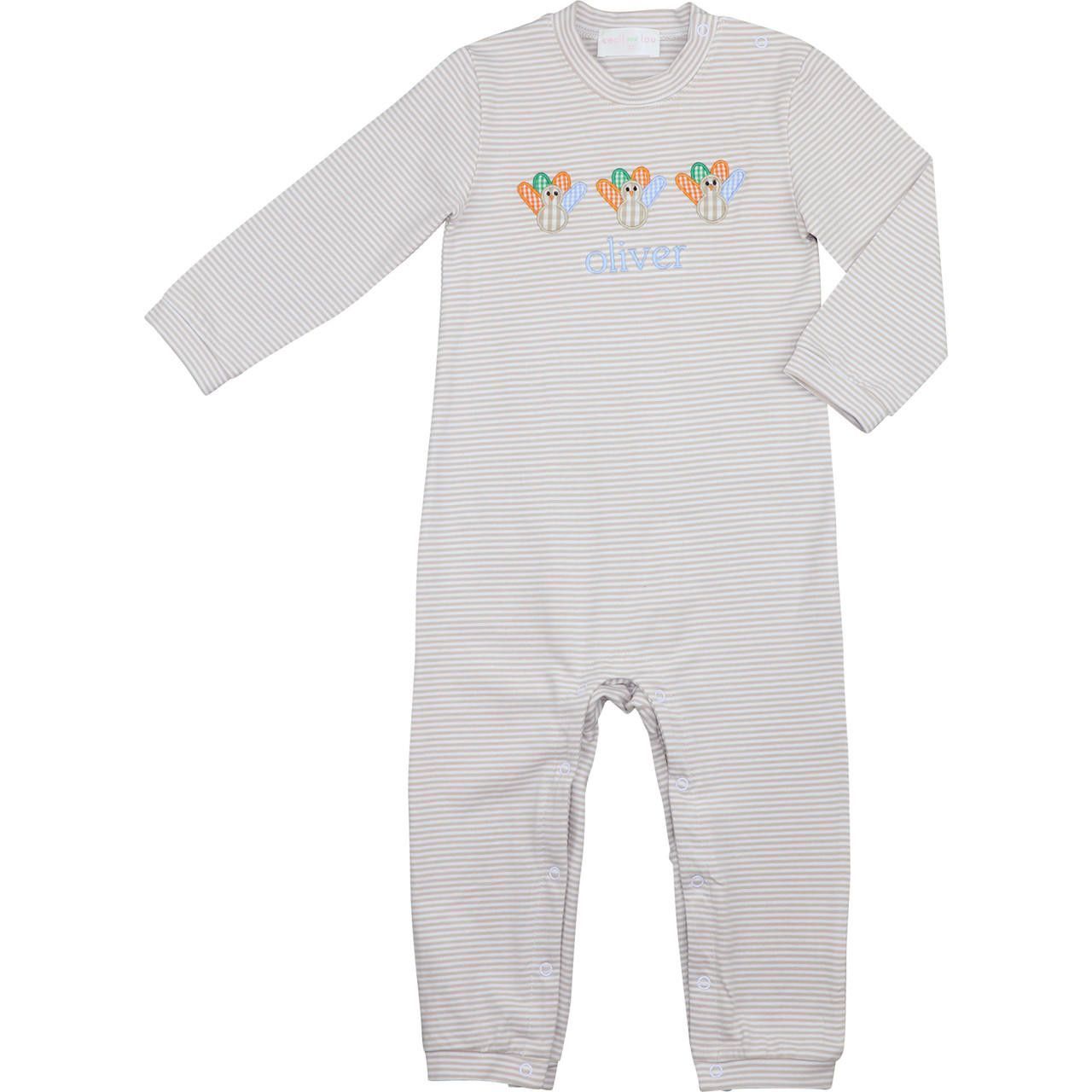 khaki stripe long romper with monogram "oliver" on a white background