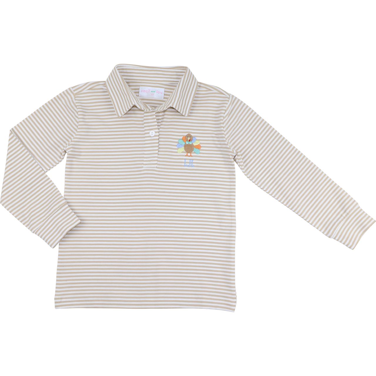 khaki stripped long-sleeve polo shirt with a Turkey on a white background