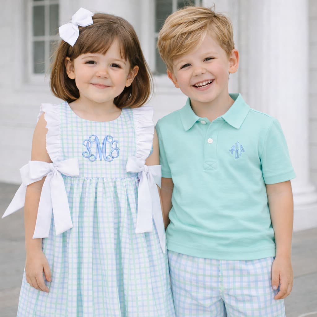 Blue And Mint Windowpane Polo Short Set