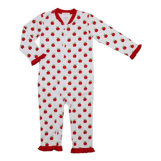 Children's onesie with red apple pattern on a white background