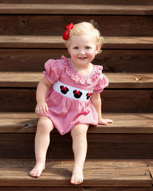 Red Gingham Smocked Mouse Ears Bubble