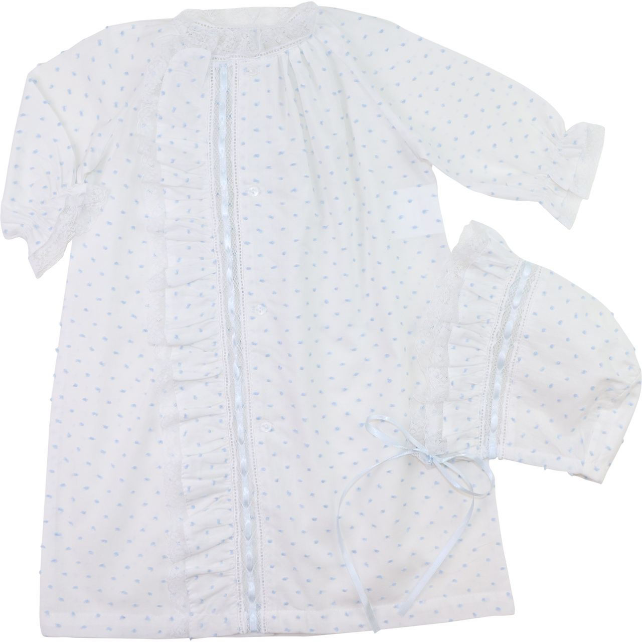 Blue Swiss Dot Heirloom Ribbon Baby Gown And Bonnet