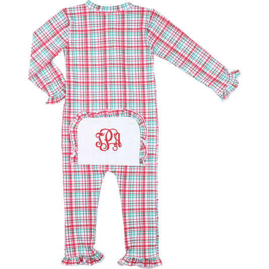 Red And Green Plaid Knit Zipper Ruffle Pajamas