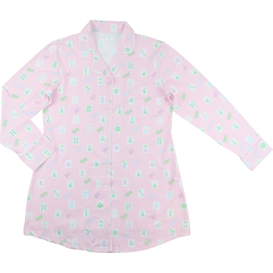 Ladies pink knit tunic with mahjong print