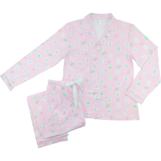 Ladies two piece pink knit pajamas with mahjong print
