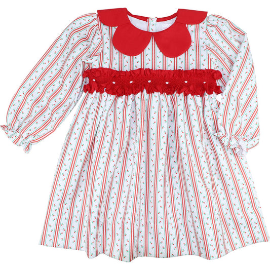 Red And Green Rosebud Smocked Petal Collar Dress