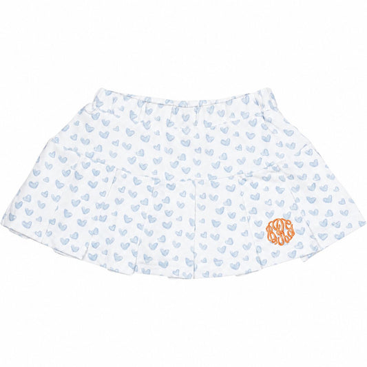 Light Blue Heart Print Knit Tennis Skirt with orange monogram1