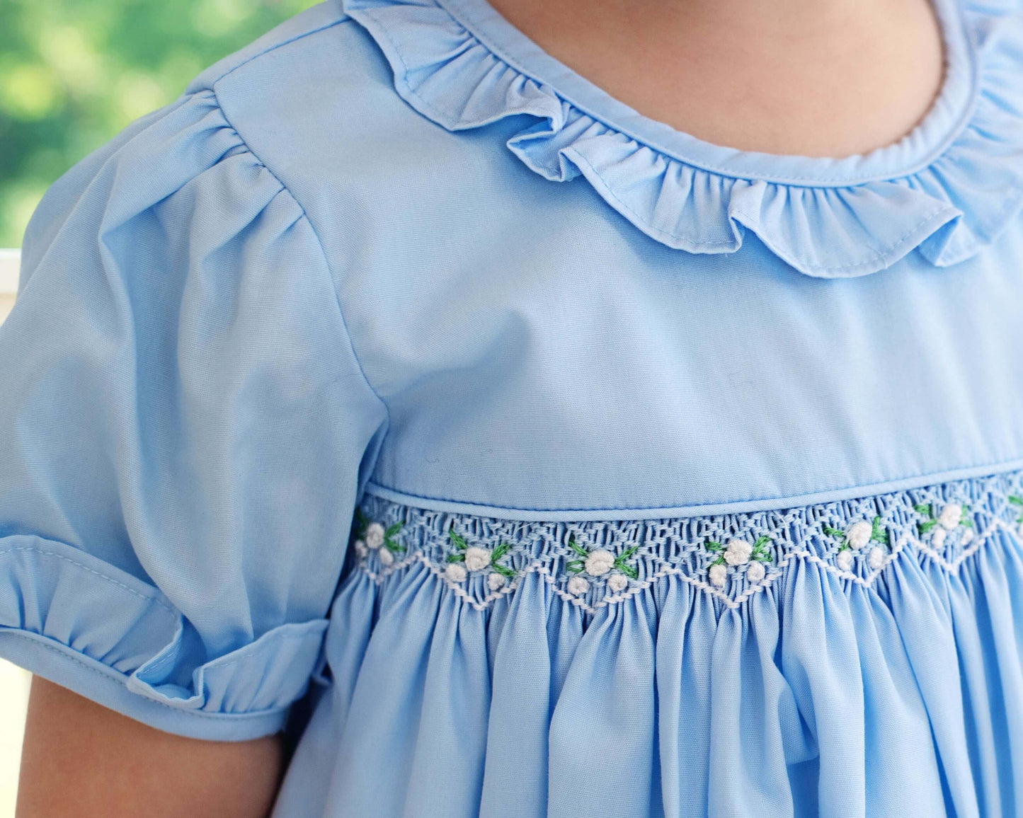 Light blue dress with ruffled collar and floral smocked embroidery on a blurred green background