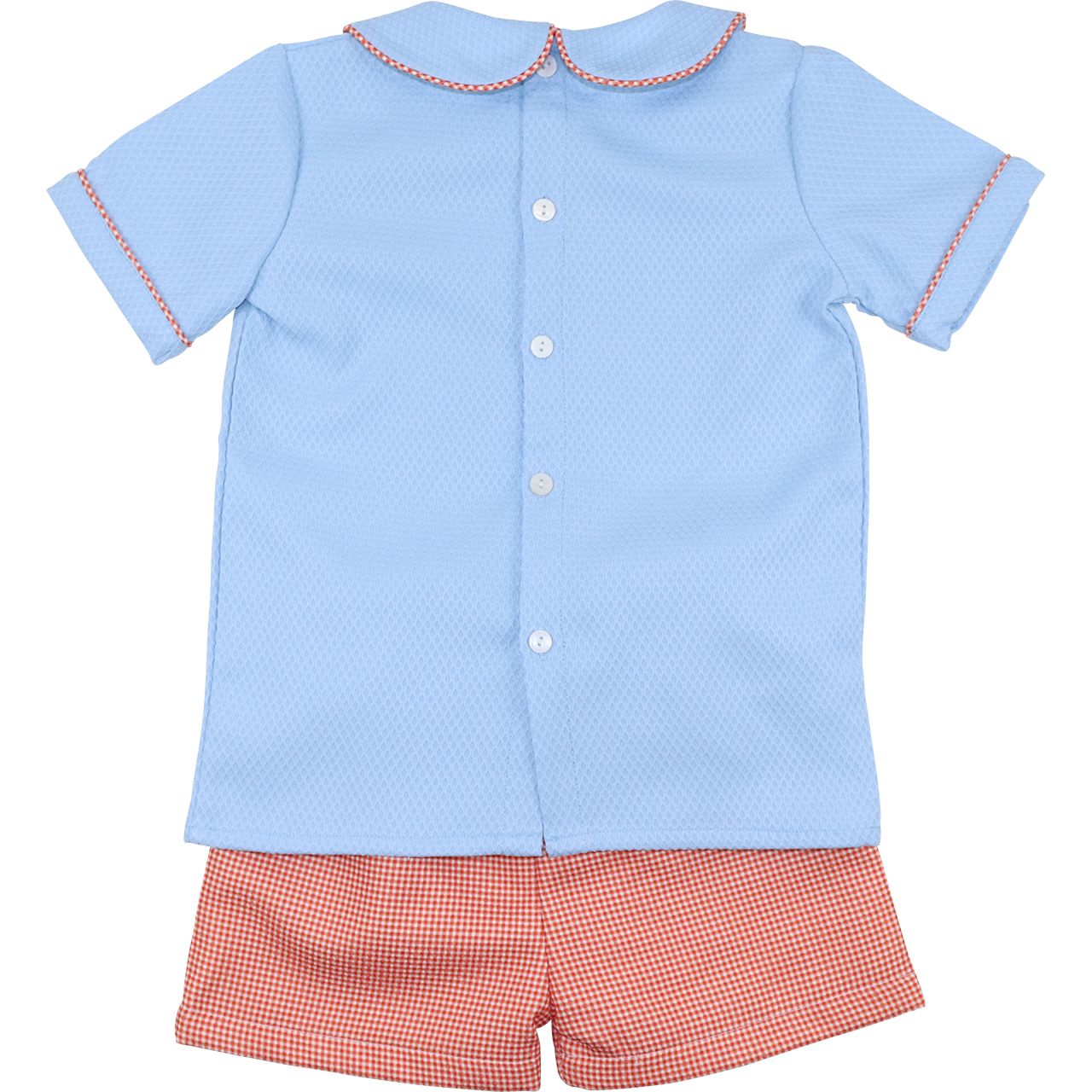 Light blue shirt with orange checkered trim and matching shorts on a white background