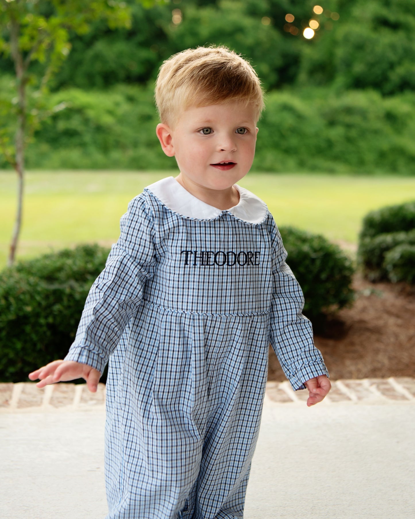 Navy Windowpane Long Romper