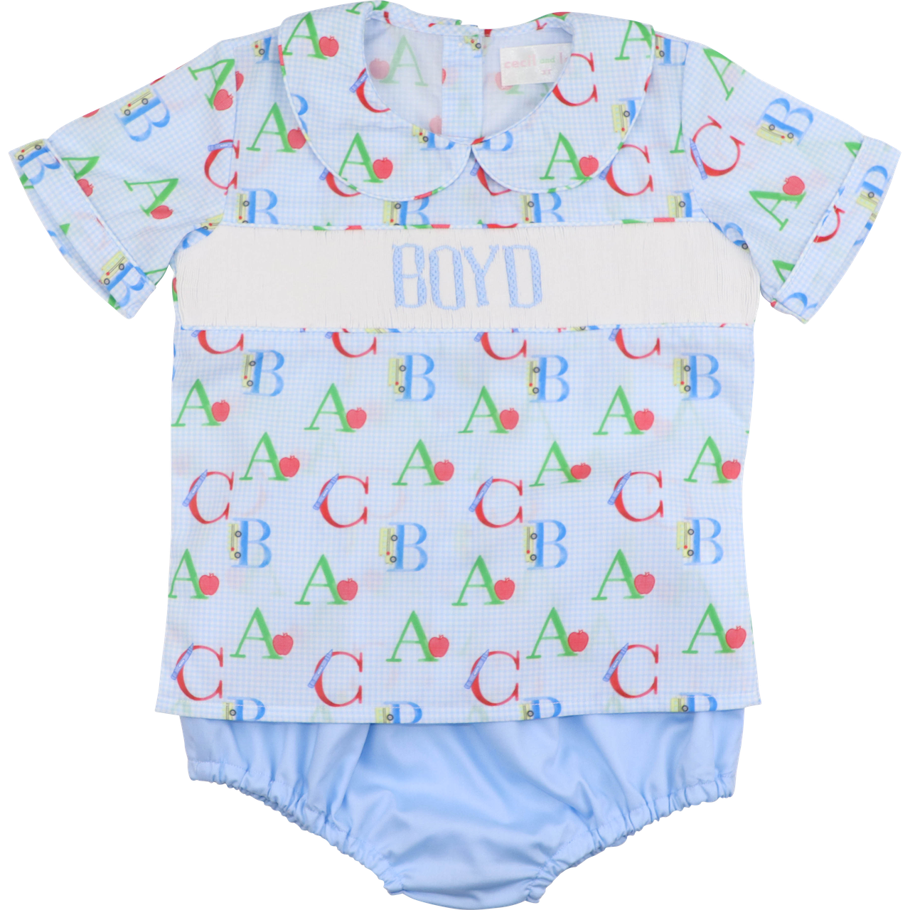 Blue Gingham Custom Smocked Alphabet Diaper Set