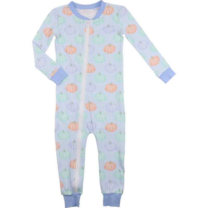 Blue Knit Pastel Pumpkin Zipper Pajamas