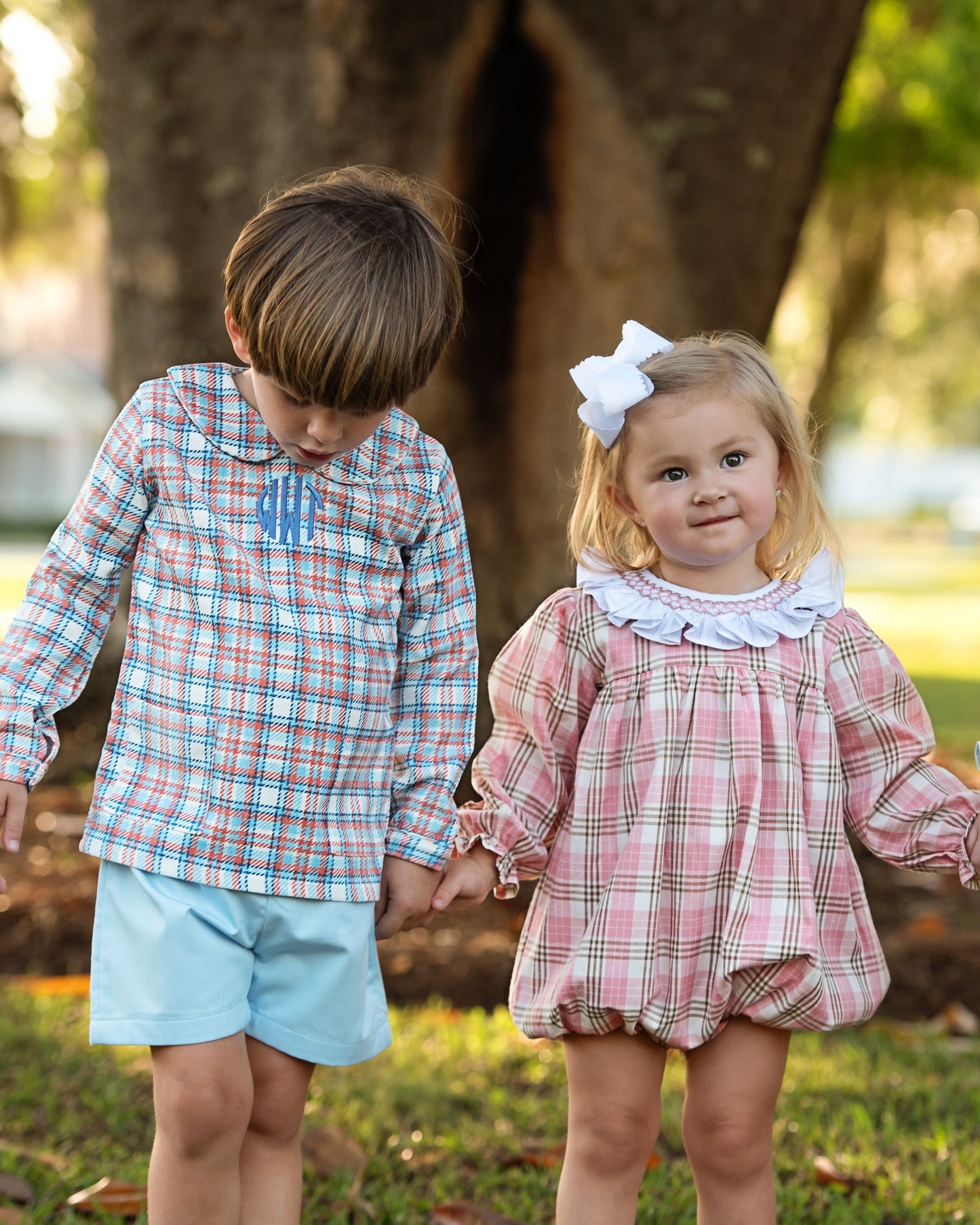 Blue And Orange Corduroy Plaid Short Set