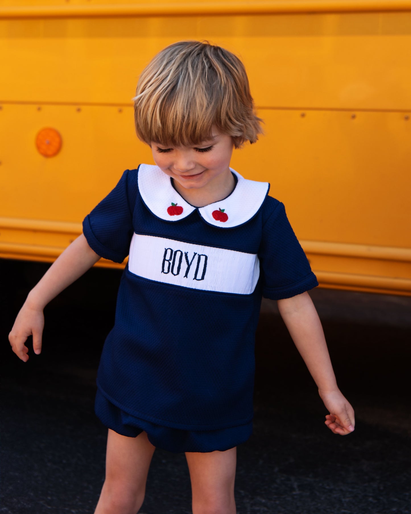 Navy Honeycomb Custom Smocked Back To School Diaper Set