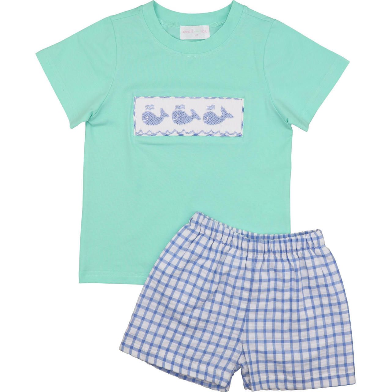 Mint And Blue Check Smocked Whales Short Set