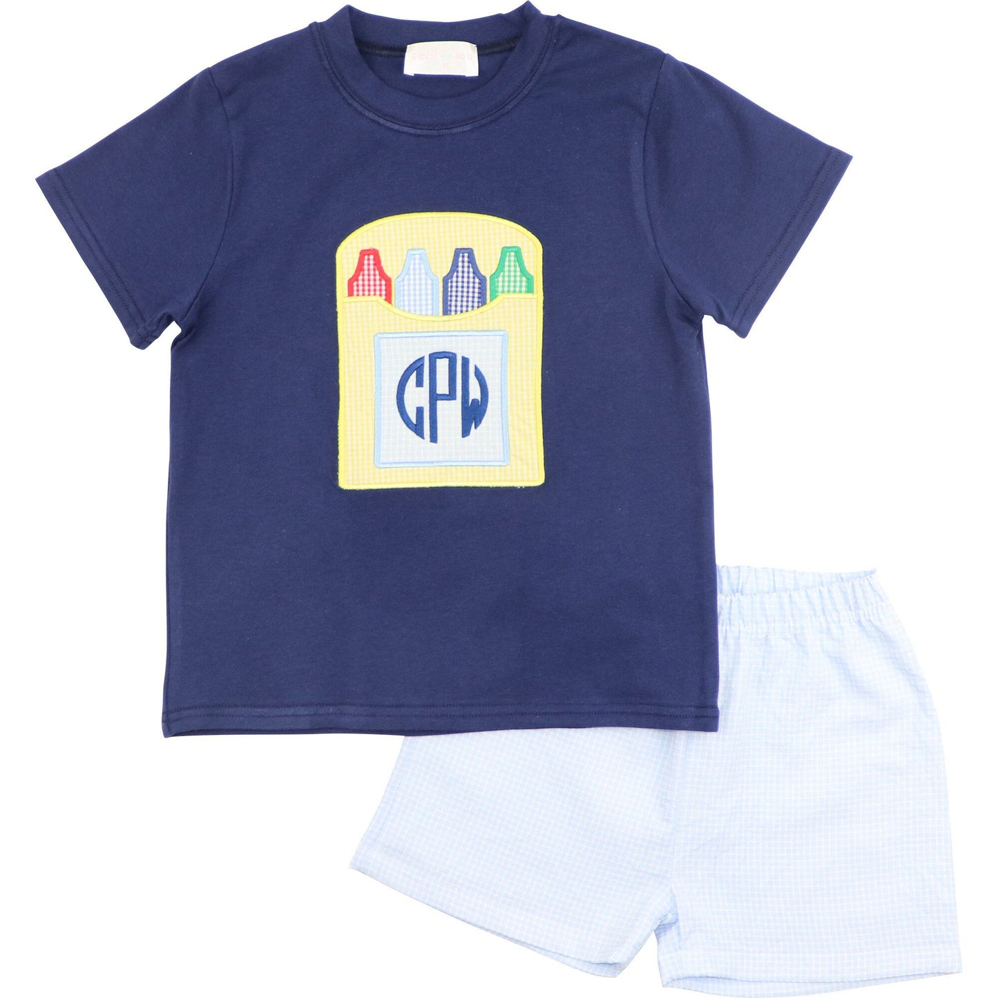 Navy And Blue Gingham Applique Crayons Short Set