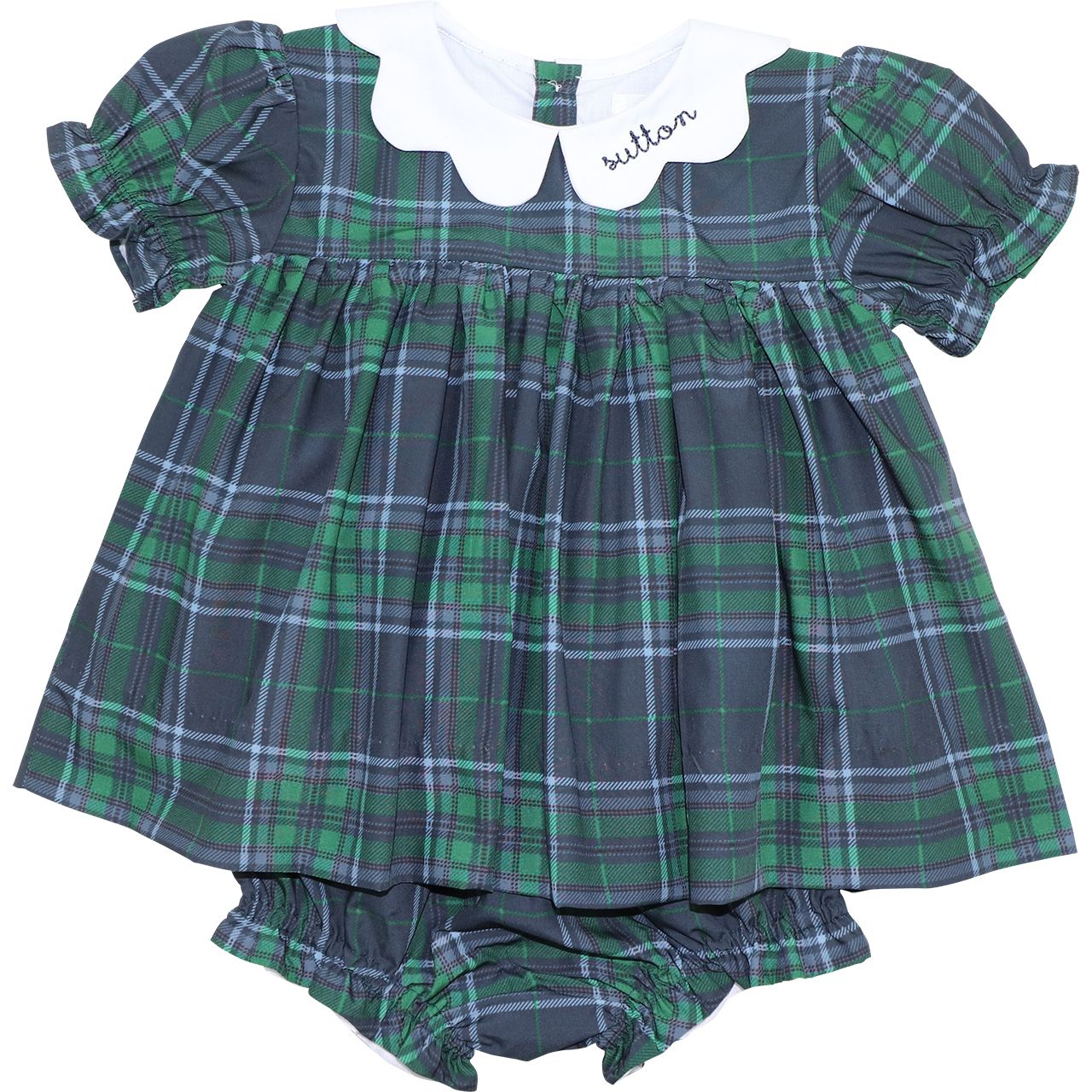 Navy And Green Plaid Scalloped Collar Diaper Set
