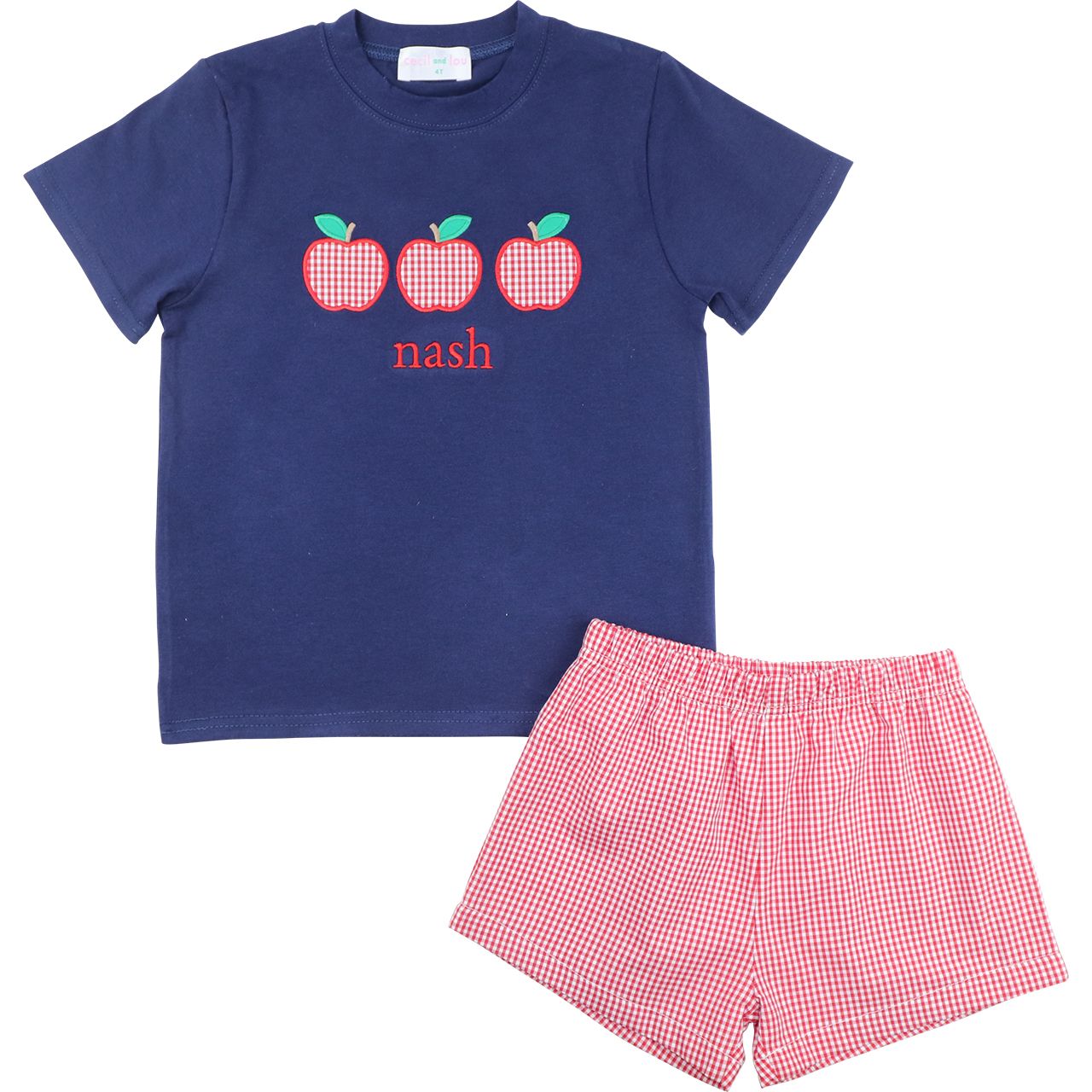 Navy And Red Applique Apples Short Set