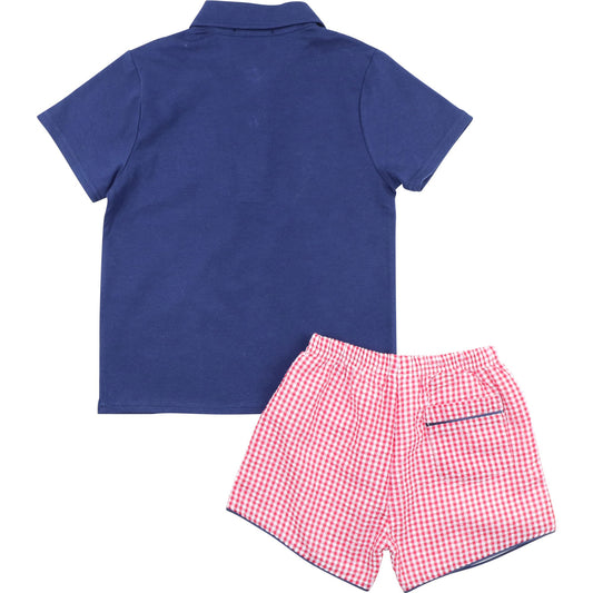 Navy And Red Seersucker Polo Short Set