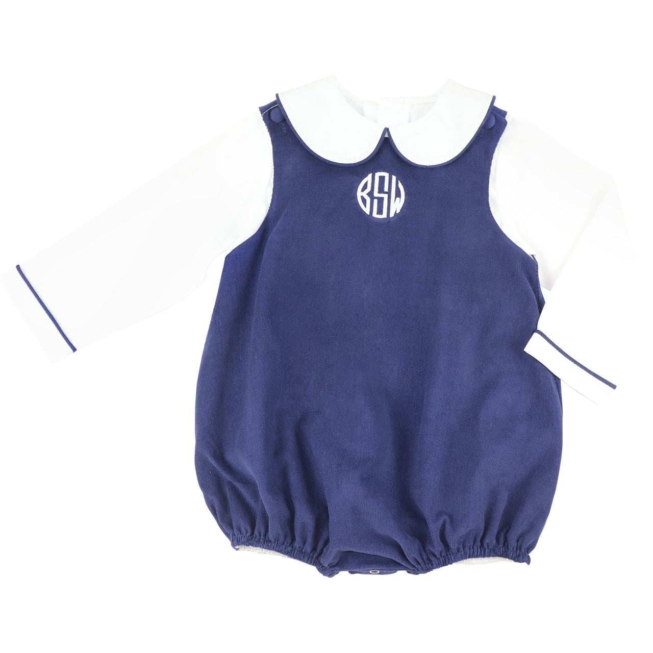 Navy bubble with a white collar and monogram "bSw" on a white background