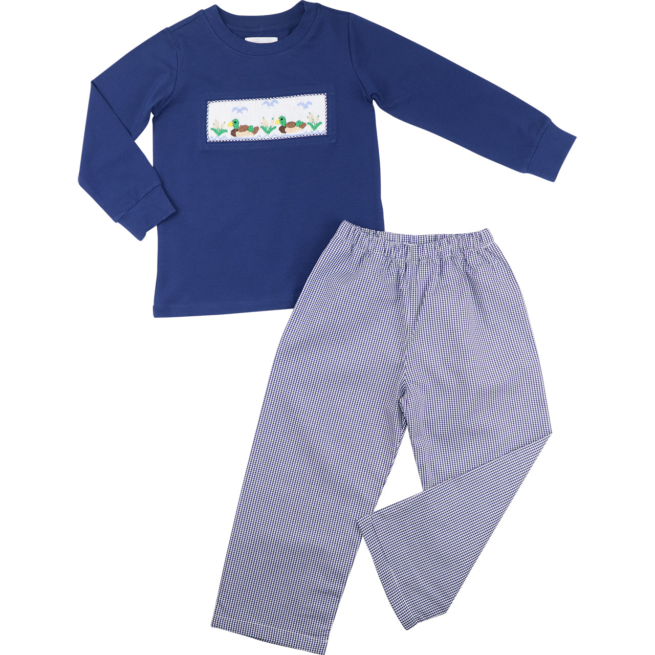 Navy Gingham Smocked Mallards Pant Set