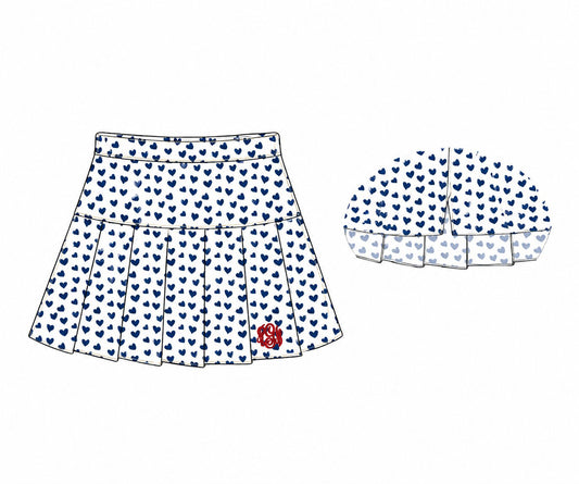 Navy Heart Print Knit Tennis Skirt with red monogram