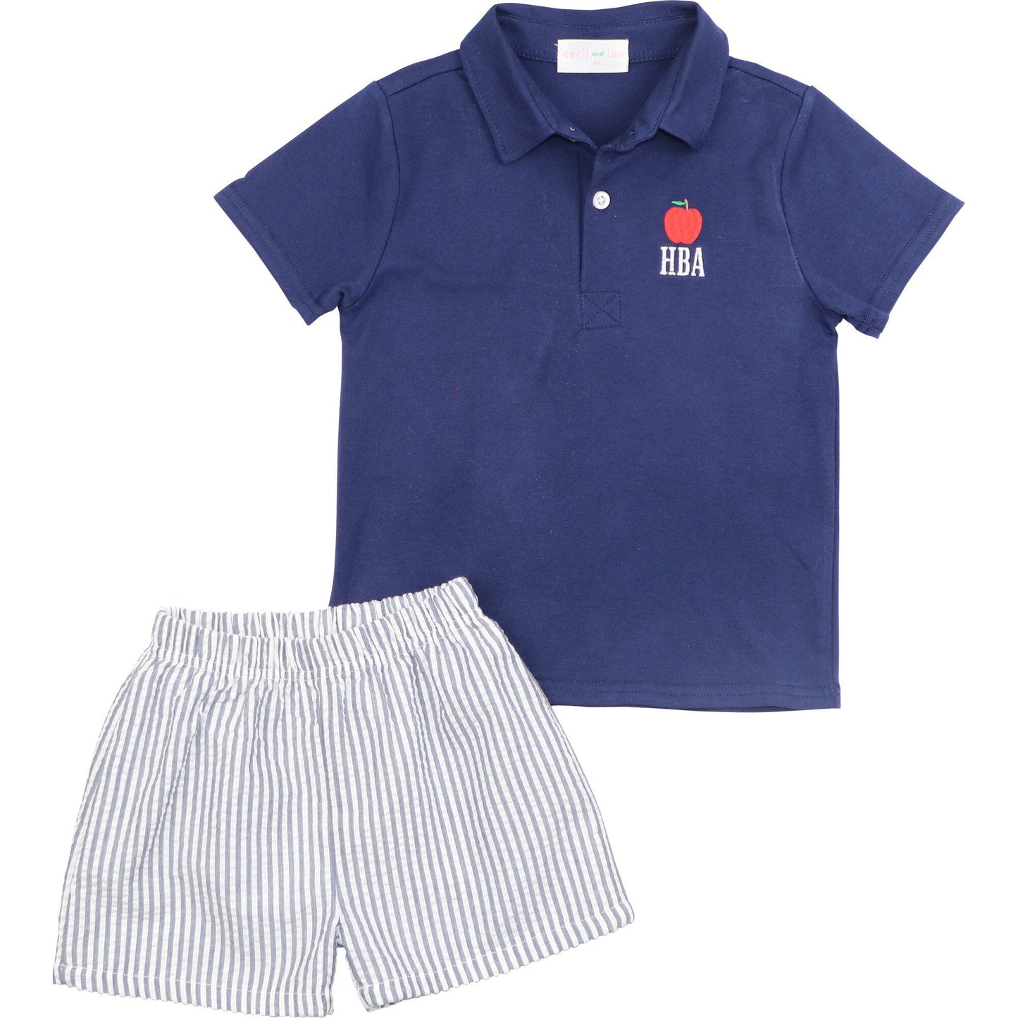 Navy Seersucker Apple Polo Short Set