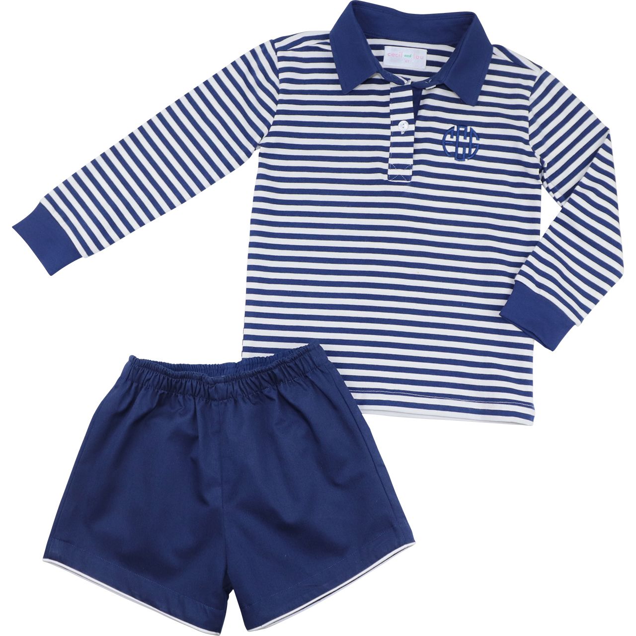 Navy Striped Knit Polo Short Set