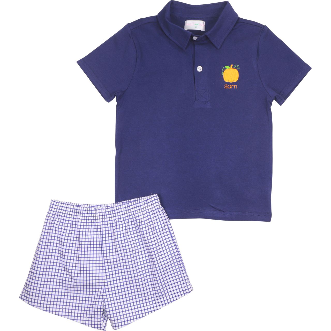 Navy Windowpane Embroidered Pumpkin Polo Short Set