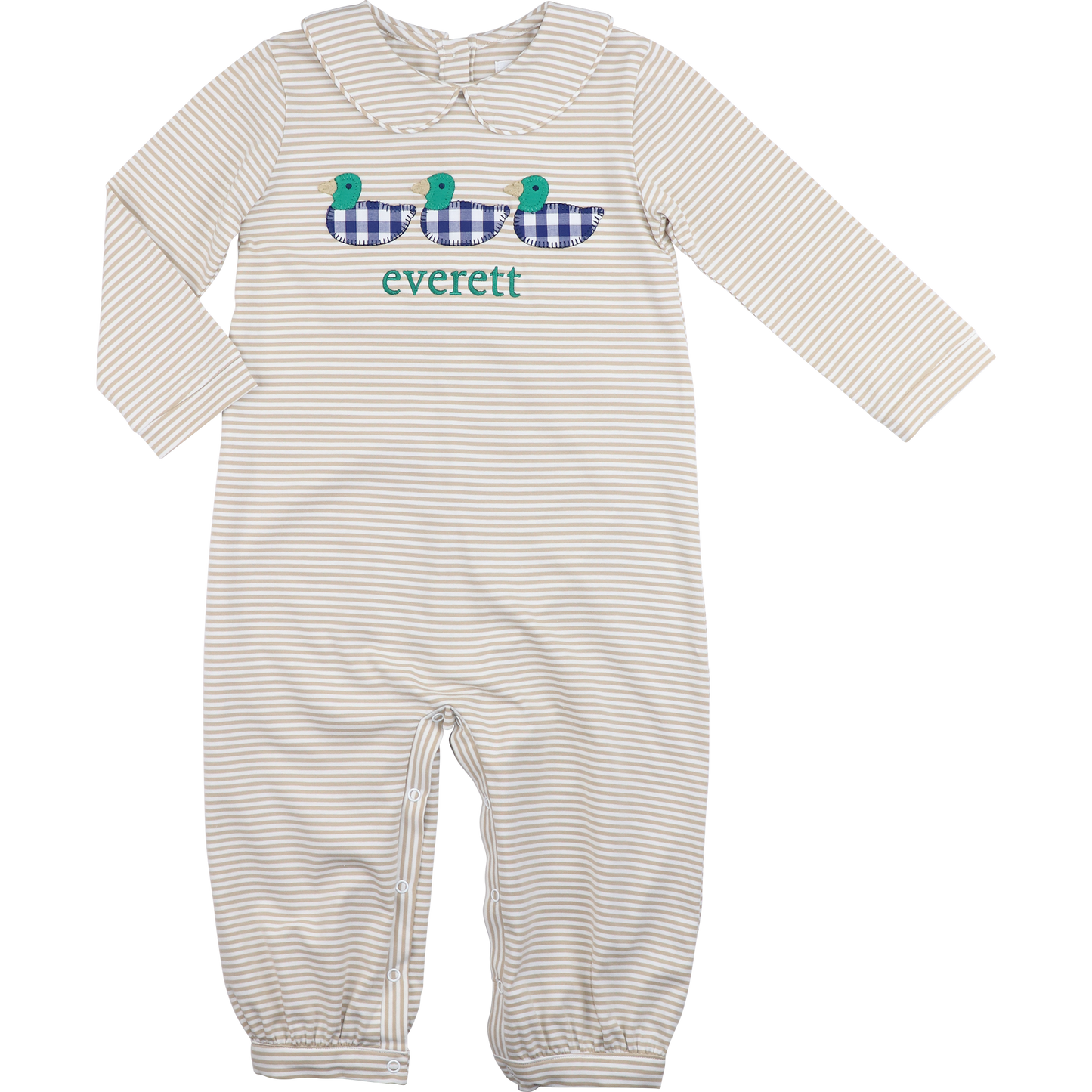 Khaki Stripe Knit Applique Mallards Long Romper