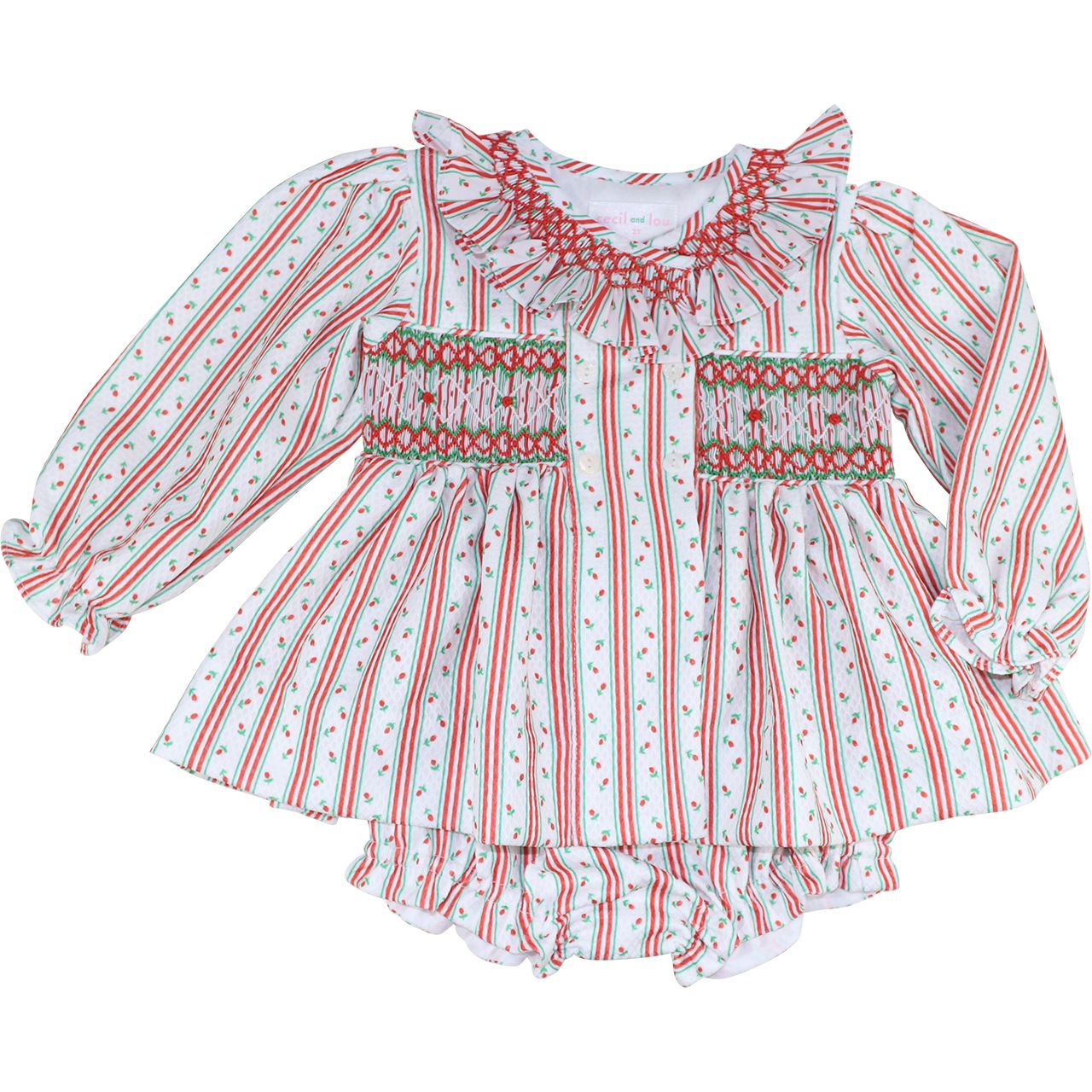 Red And Green Rosebud Smocked Rosette Diaper Set
