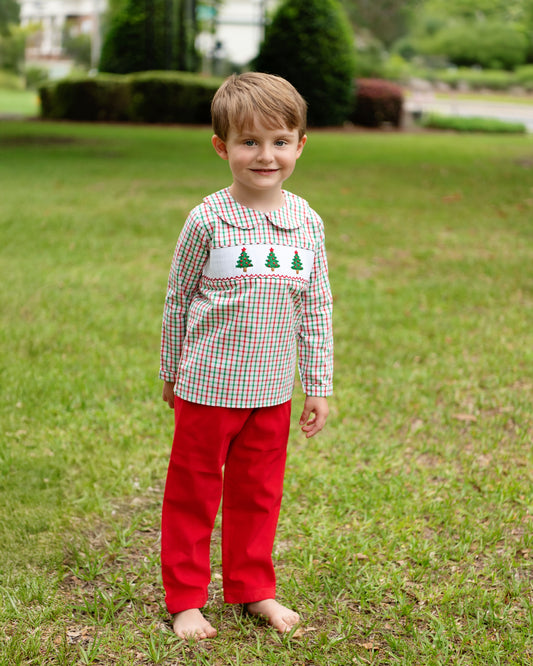 Red And Green Windowpane Smocked Christmas Tree Pant Set