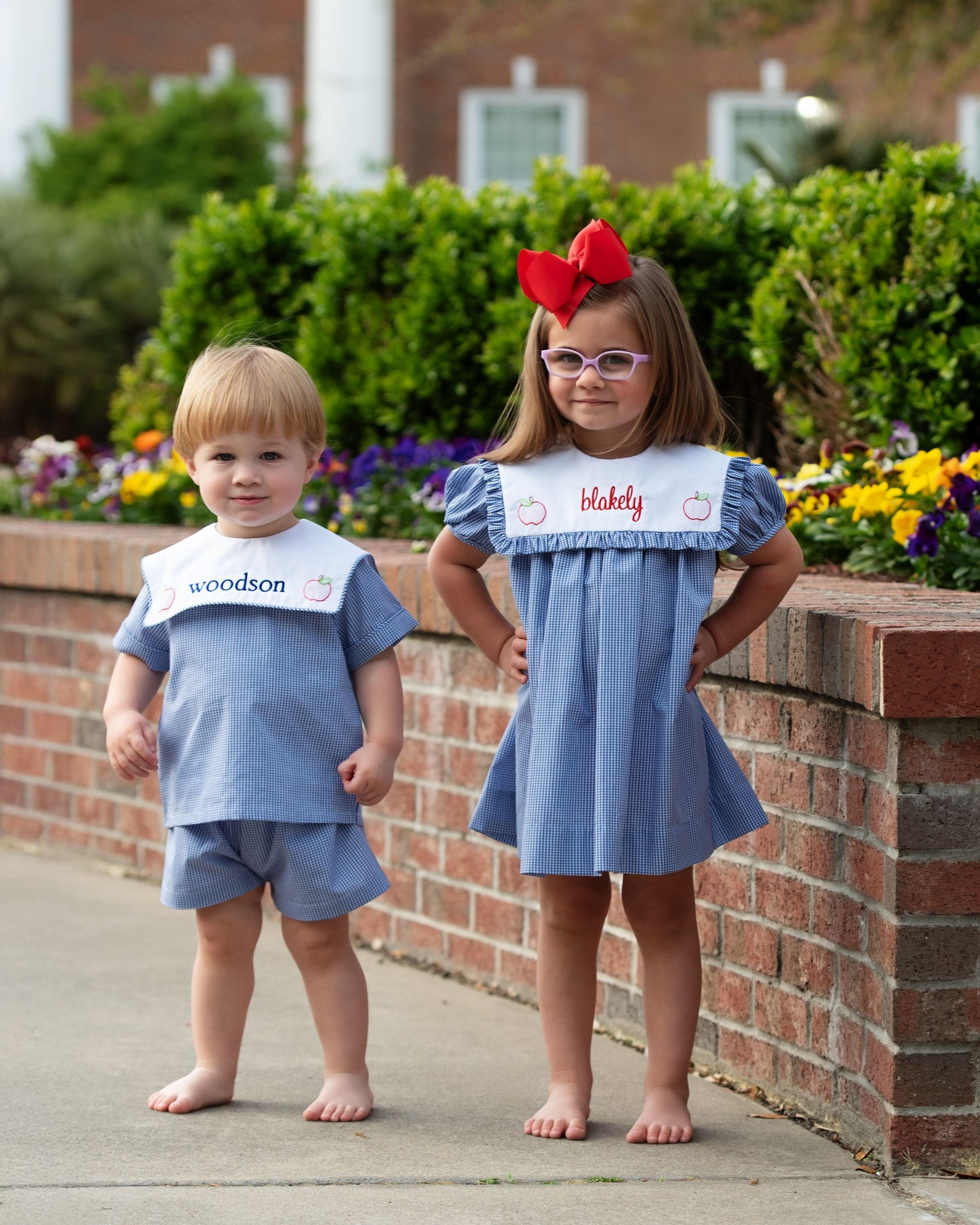 Navy Gingham Shadow Embroidered Apple Short Set