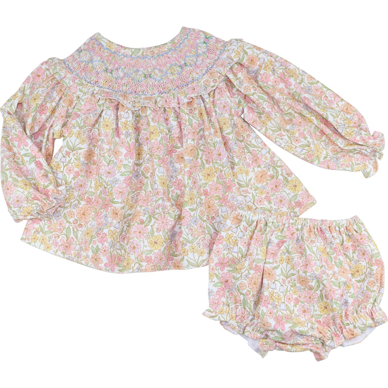 Pink And Blue Corduroy Smocked Fall Floral Diaper Set