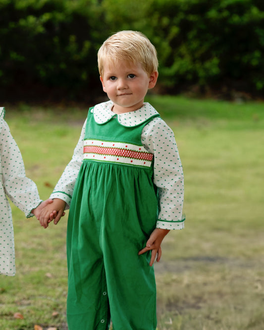 Green And Red Smocked Corduroy Long Romper Set
