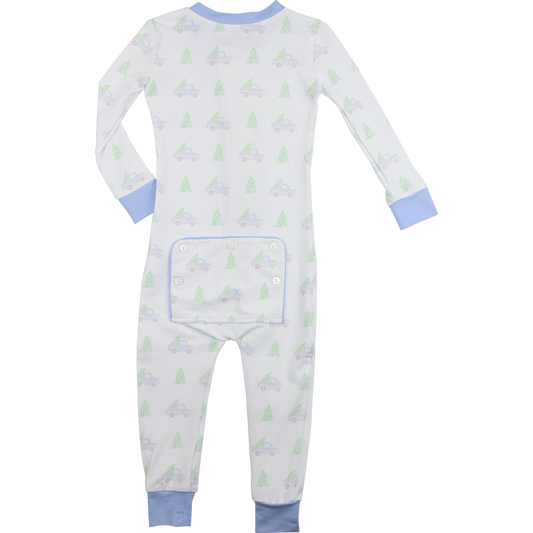 Blue Knit Christmas Car And Tree Zipper Pajamas