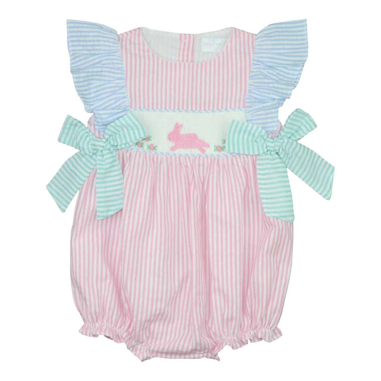 Pastel Seersucker Smocked Bunny Bubble