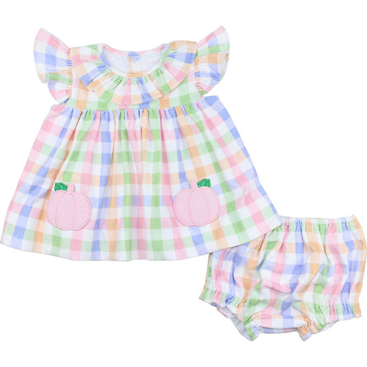 Pastel checkered diaper set with pumpkin appliqués on a white background