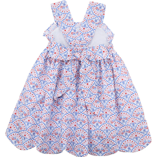 Floral dress with a pattern of cars and flowers on a white background