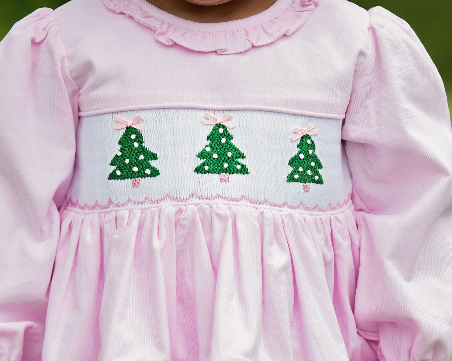 Pink Corduroy Smocked Christmas Trees Dress