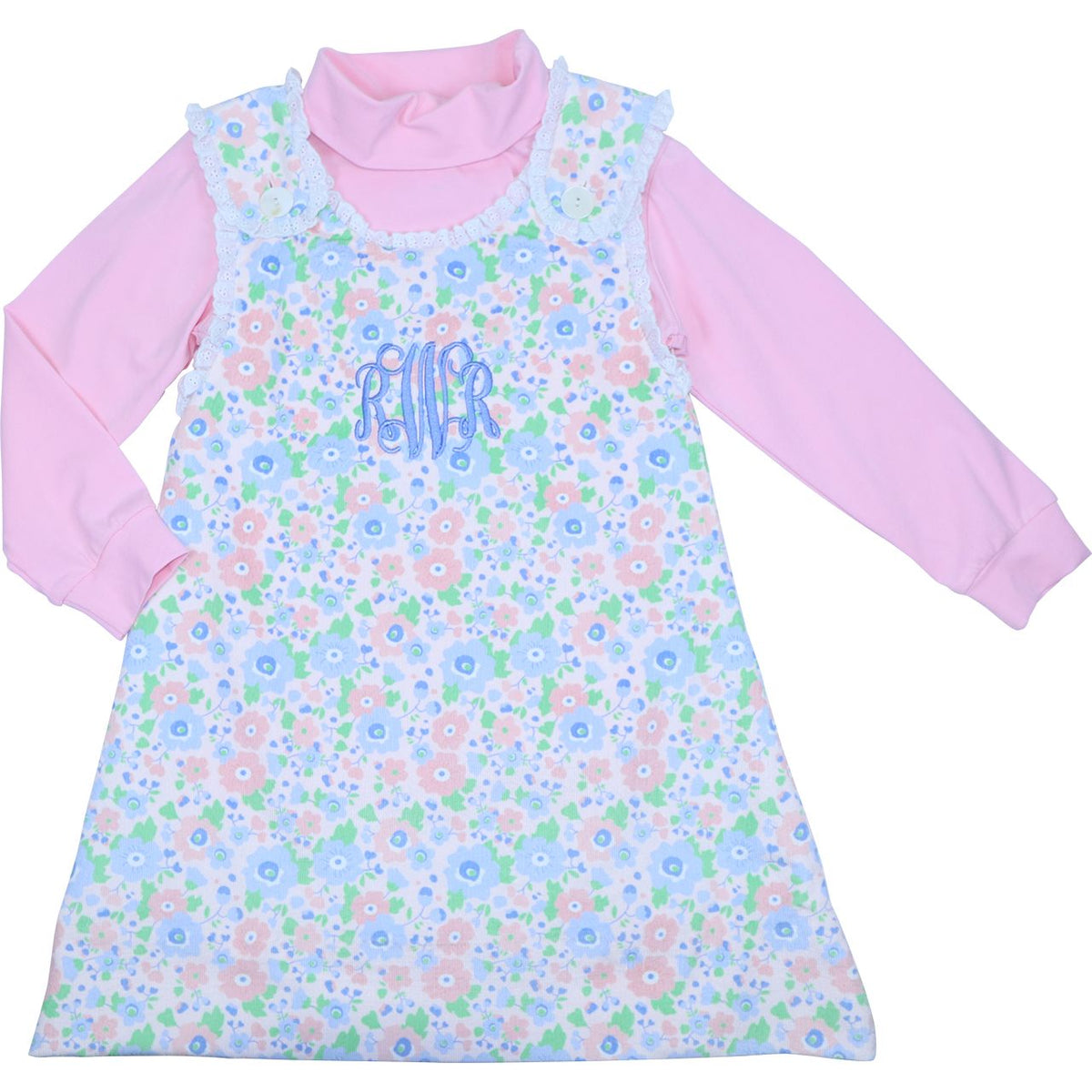 Pink And Blue Floral Corduroy Turtleneck Dress Set