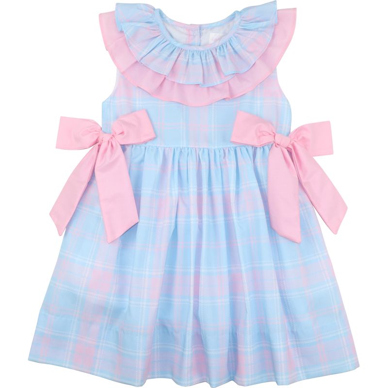 Light blue and pink plaid dress with ruffled collar and bow details on a white background