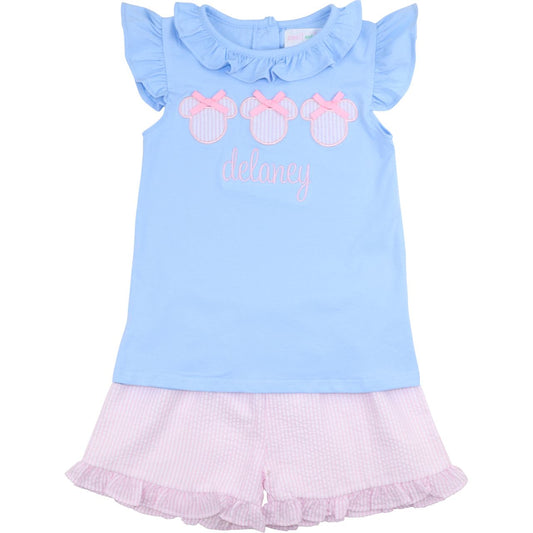 Pink And Blue Seersucker Mouse Ears Short Set