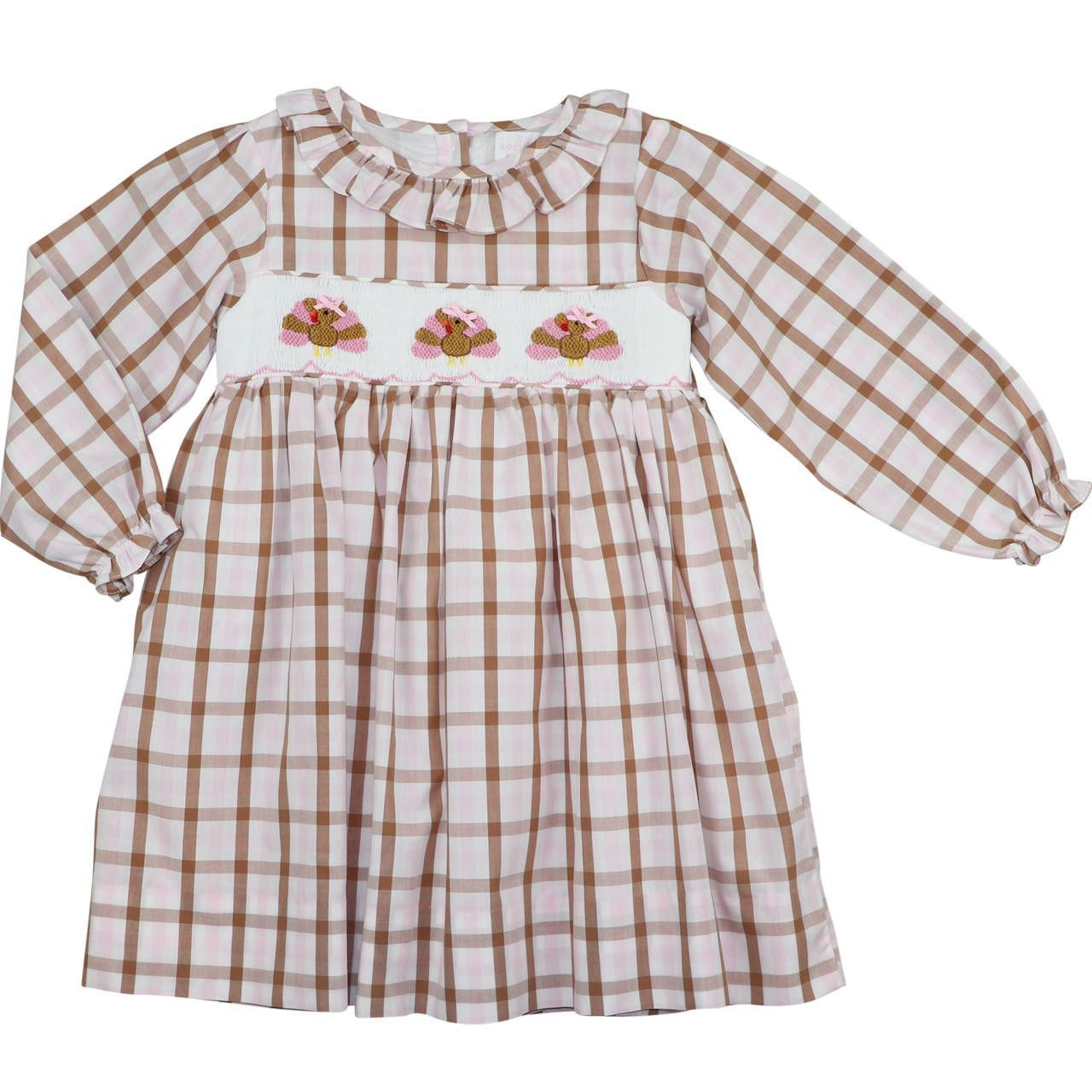 Pink And Brown Check Smocked Turkeys Dress