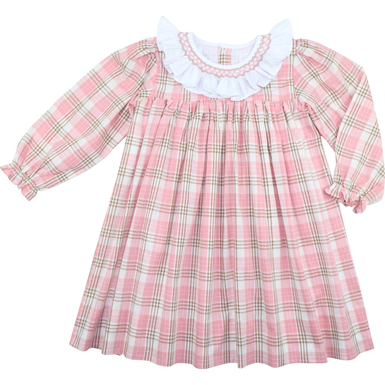 Pink And Khaki Plaid Smocked Dress