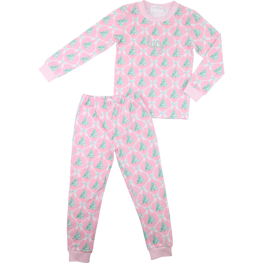 Pink And Mint Knit Christmas Tree And Bow Pajamas