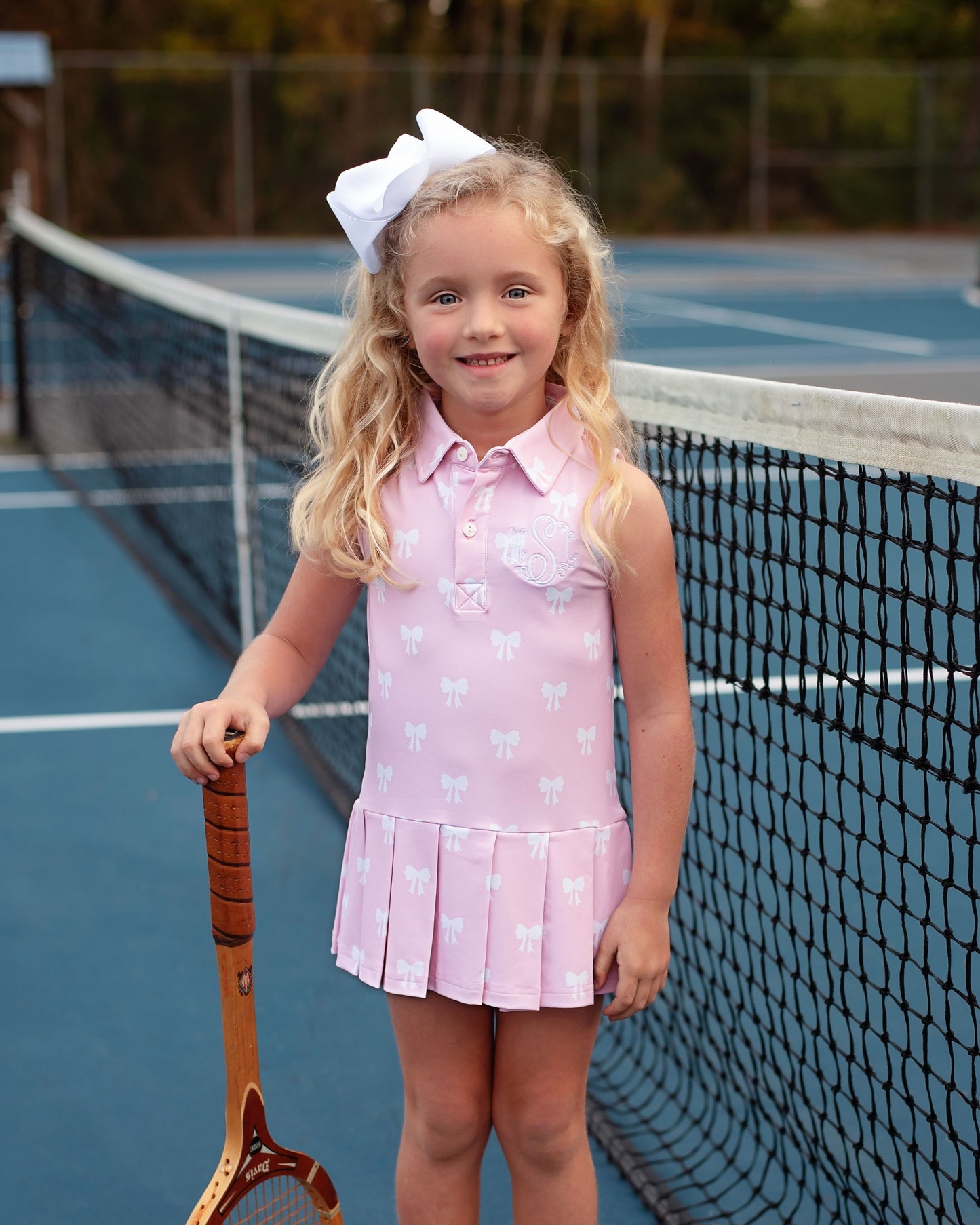 Pink And White Bow Print Lycra Tennis Dress