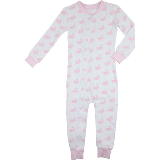 Pink And White Bunny Print Knit Zipper Pajamas